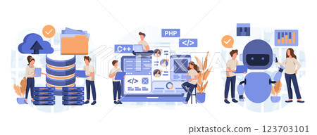 IT profession collection. Programmer write software and create code for computer. Coding script for project and app. Digital technology for website, interface and devices. Vector illustration. 123703101