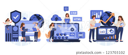 IT profession collection. Programmer write software and create code for computer. Coding script for project and app. Digital technology for website, interface and devices. Vector illustration. 123703102