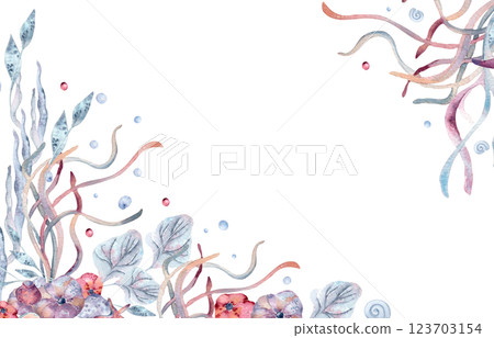 Elegant pink seaweed border with watercolor coral and ocean flora isolated. Hand drawn marine life frame in soft pastel tones for coastal design, invitations, packaging, and nautical themed decor. Elegant pink seaweed border with watercolor coral and ocean flora isolated. Hand drawn marine life frame in soft pastel tones for coastal design, invitations, packaging, and nautical themed decor. 123703154