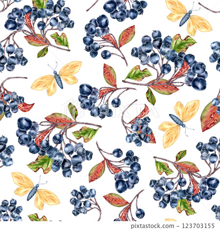 Black chokeberry on branches, autumn leaves and butterflies seamless watercolor pattern isolated. Botanical repeat print hand drawn for textiles, packaging, wrapping paper, and seasonal home decor 123703155