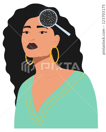 Woman dandruff problem dirty head illustration. Hair scalp problem. Skin disease, dermatology Woman dandruff problem dirty head illustration. Hair scalp problem. Skin disease, dermatology 123703175