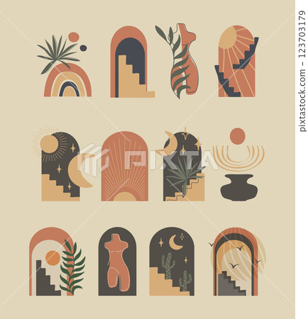 Cute cartoon Bohemian vector print elements. Abstract contemporary modern simple vector illustration 123703179