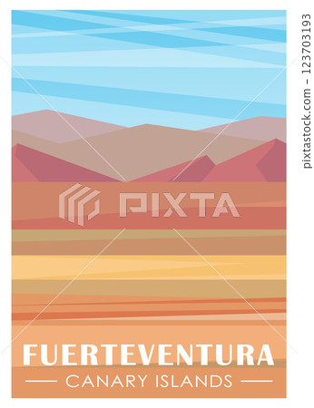 Contemporary aesthetic mountains landscape art. Spain mountains poster. Hiking through Fuerteventura 123703193