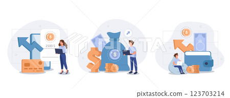 Financial illustration set. Characters saving money in cash, credit card or in savings bank accounts. Personal finance management and savings concept. Vector illustration. 123703214