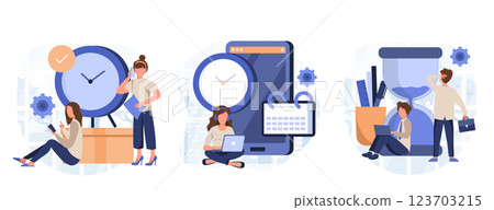 Schedule planning illustration set. Characters managing work tasks and deadline time using calendar. Time management and organization concept. Vector illustration. 123703215