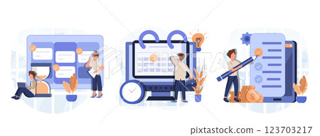 Soft skills concept. Business people or employee with self management and scheduling skill. Time management, self-regulation learning, self-discipline and motivation. Flat vector illustration 123703217