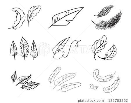 Bird feather hand drawn icon, flying dove feathers isolated, doodle soft plume silhouette, feather ink 123703262