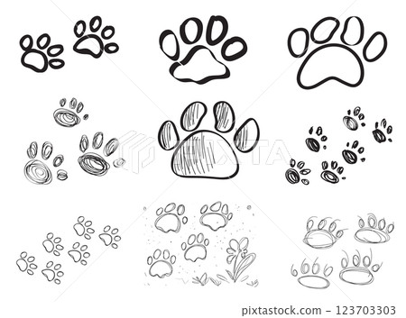 Paw print icon, dog foot traces, cat legs print, pet footprint silhouette, minimal animal tracks symbol 123703303