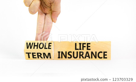 Term or whole life insurance symbol. Concept words Term life insurance or Whole life insurance on wooden blocks. Beautiful white background. Business term or whole life insurance concept. Copy space. 123703329