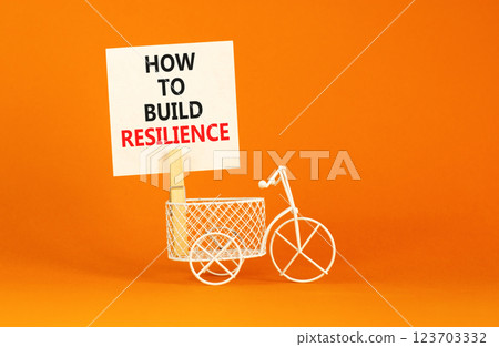 How to build resilience symbol. Concept words How to build resilience on beautiful white paper. Beautiful orange background. Miniature bicycle. Business and how to build resilience concept. Copy space 123703332