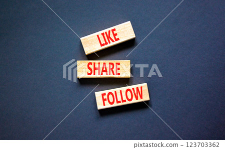 Like share follow symbol. Concept words Like Share Follow on beautiful wooden blocks. Beautiful black table black background. Business like share follow concept. Copy space. 123703362