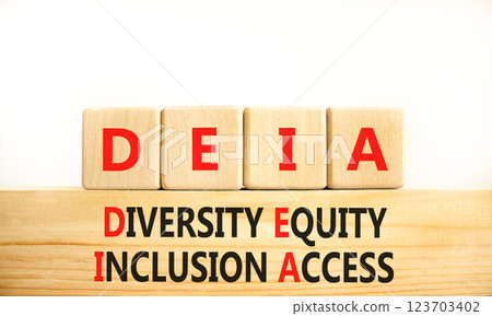Diversity equity inclusion access symbol. Concept words DEIA diversity equity inclusion access on blocks. Beautiful white background. Business diversity equity inclusion access concept. Copy space. 123703402