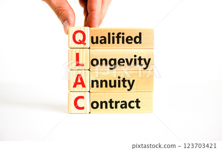 QLAC symbol. Concept word QLAC Qualified Longevity Annuity Contract on beautiful wooden blocks. Beautiful white background. Business QLAC Qualified Longevity Annuity Contract concept. Copy space. 123703421