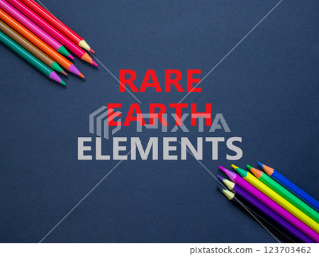 Rare earth elements symbol. Concept words Rare earth elements on beautiful black paper. Colored pencils. Beautiful black background. Business and rare earth elements concept. Copy space. 123703462