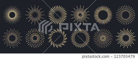 Sunburst collection. Radial sunset beams. Bursting golden sun rays. Fireworks. Logotype or lettering design element. Flat vector illustration. Sunburst collection. Radial sunset beams. Bursting golden sun rays. Fireworks. Logotype or lettering design element. Flat vector illustration. 123703479