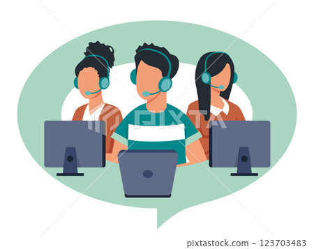 Vector illustration, customer service, hotline operator advises customer, online global technical support, customer and operator vector. Technicians with lap tops 123703483