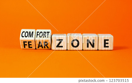 Comfort or fear zone symbol. Concept words Comfort zone Fear zone on wooden cubes. Beautiful orange table orange background. Business and comfort or fear zone concept. Copy space. 123703515