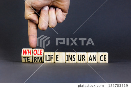 Term or whole life insurance symbol. Concept words Term life insurance or Whole life insurance on wooden blocks. Beautiful grey background. Business term or whole life insurance concept. Copy space. 123703519