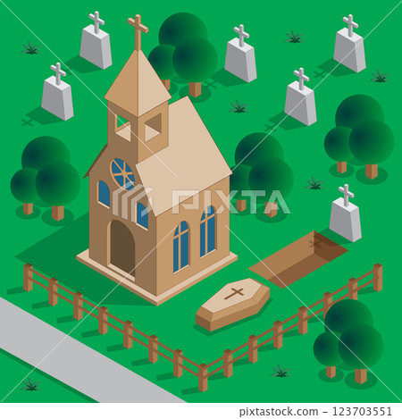 Church in the cemetery. Dig the grave. Isometric. Vector illustration. 123703551