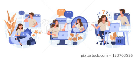 Vector illustration, customer service, hotline operator advises customer, online global technical support, customer and operator vector. Technicians with lap tops 123703556