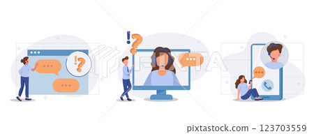 Vector illustration, customer service, hotline operator advises customer, online global technical support, customer and operator vector. Technicians with lap tops	 Vector illustration, customer service, hotline operator advises customer, online global technical support, customer and operator vector. Technicians with lap tops	 123703559