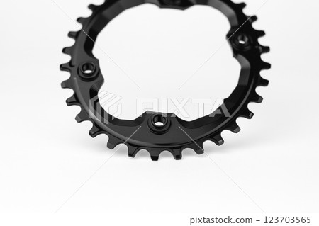 Black oval bicycle chainring against white isolated background, lies flat on the surface. Professional bicycle part. 123703565