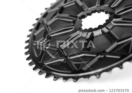 Black oval bicycle chainring against white isolated background, lies flat on the surface. Professional bicycle part. Black oval bicycle chainring against white isolated background, lies flat on the surface. Professional bicycle part. 123703570