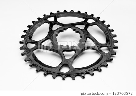 Black oval bicycle chainring against white isolated background, lies flat on the surface. Professional bicycle part. Black oval bicycle chainring against white isolated background, lies flat on the surface. Professional bicycle part. 123703572