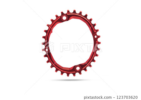 Red oval bicycle chainring against white isolated background, floating above the surface. Professional bicycle part. Red oval bicycle chainring against white isolated background, floating above the surface. Professional bicycle part. 123703620
