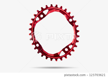 Red oval bicycle chainring against white isolated background, floating above the surface. Professional bicycle part. 123703621