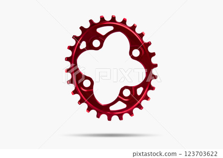 Red oval bicycle chainring against white isolated background, floating above the surface. Professional bicycle part. Red oval bicycle chainring against white isolated background, floating above the surface. Professional bicycle part. 123703622