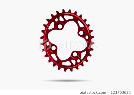 Red oval bicycle chainring against white isolated background, floating above the surface. Professional bicycle part. Red oval bicycle chainring against white isolated background, floating above the surface. Professional bicycle part. 123703623