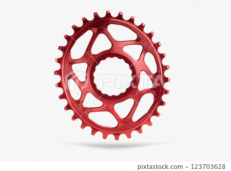 Red oval bicycle chainring against white isolated background, floating above the surface. Professional bicycle part. Red oval bicycle chainring against white isolated background, floating above the surface. Professional bicycle part. 123703628