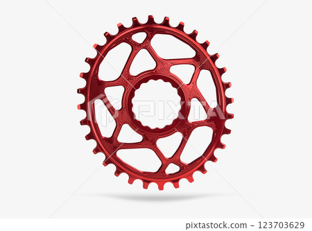 Red oval bicycle chainring against white isolated background, floating above the surface. Professional bicycle part. Red oval bicycle chainring against white isolated background, floating above the surface. Professional bicycle part. 123703629