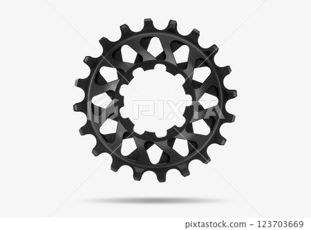 Black bicycle single speed COG floating above isolated white background. Professional bicycle parts photography. 123703669