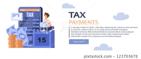 Declaration programs, easy reporting, tax website. Desktop tax filing software, mobile app tax filing software, filing online service metaphors. Vector isolated concept metaphor banner 123703678