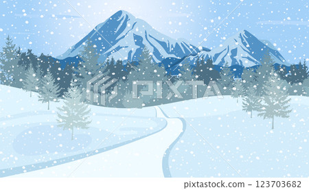Winter mountains with woodland background illustration. Winter vacation, nature scenery. Snow falling. Christmas background. Flat vector illustration Winter mountains with woodland background illustration. Winter vacation, nature scenery. Snow falling. Christmas background. Flat vector illustration 123703682