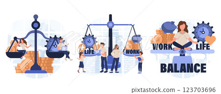 Work and life balance. Tiny people keep harmony choose between career and money versus love and time, leisure or business. Modern flat cartoon style. Vector illustration collection of scenes Work and life balance. Tiny people keep harmony choose between career and money versus love and time, leisure or business. Modern flat cartoon style. Vector illustration collection of scenes 123703696