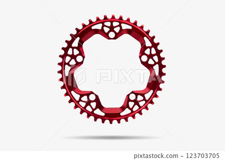 Red round bicycle chainring against white isolated background, floating above the surface. Professional bicycle part. 123703705