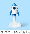 3D cartoon blue and white rocket launch into the sky with white smoke. Design element for technology, startup, innovation, business growth and space exploration concepts. Vector illustration render. 123703710
