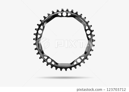 Black round bicycle chainring against white isolated background, floating above the surface. Professional bicycle part. 123703712