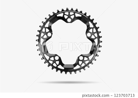 Black round bicycle chainring against white isolated background, floating above the surface. Professional bicycle part. 123703713