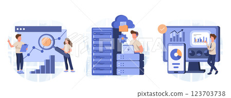 Big Data and Cloud Computing illustration set. Business characters using remote servers to analyzing large sets of data and recognizing mistakes. Actionable data concept. Vector illustration. 123703738