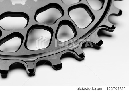 Close up of a black oval bicycle chainring against white isolated background. Professional bicycle part. 123703811