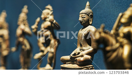Row Of Old Ancient Bronze Figurines Of Indian Deities And Avatars. 18-19th Century Ce. Close-up View On Vamana Avatara Row Of Old Ancient Bronze Figurines Of Indian Deities And Avatars. 18-19th Century Ce. Close-up View On Vamana Avatara 123703846