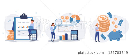 Budget planning or income management, Salary calculation, Start invest in stock market, begin savings to achieve financial goal. Flat vector business collection 123703849