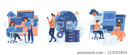 Business applications abstract concept vector illustration set. Packaged software, FinTech technology, system software development, payment processing, database system integration abstract metaphor. 123703854
