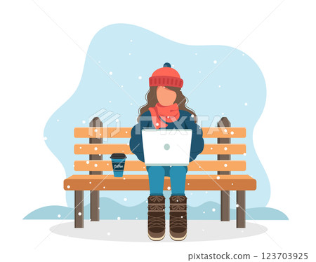 Happy girl sitting on a bench in the winter park. Cartoon vector illustration for public garden, vacation concept. Happy girl sitting on a bench in the winter park. Cartoon vector illustration for public garden, vacation concept. 123703925