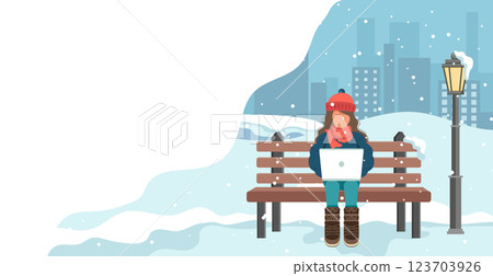 Happy girl sitting on a bench in the winter park. Cartoon vector illustration for public garden, vacation concept. Happy girl sitting on a bench in the winter park. Cartoon vector illustration for public garden, vacation concept. 123703926