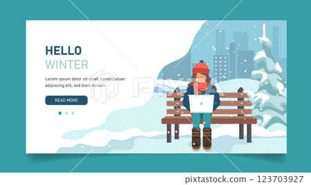 Happy girl sitting on a bench in the winter park. Cartoon vector illustration for public garden, vacation concept. Happy girl sitting on a bench in the winter park. Cartoon vector illustration for public garden, vacation concept. 123703927